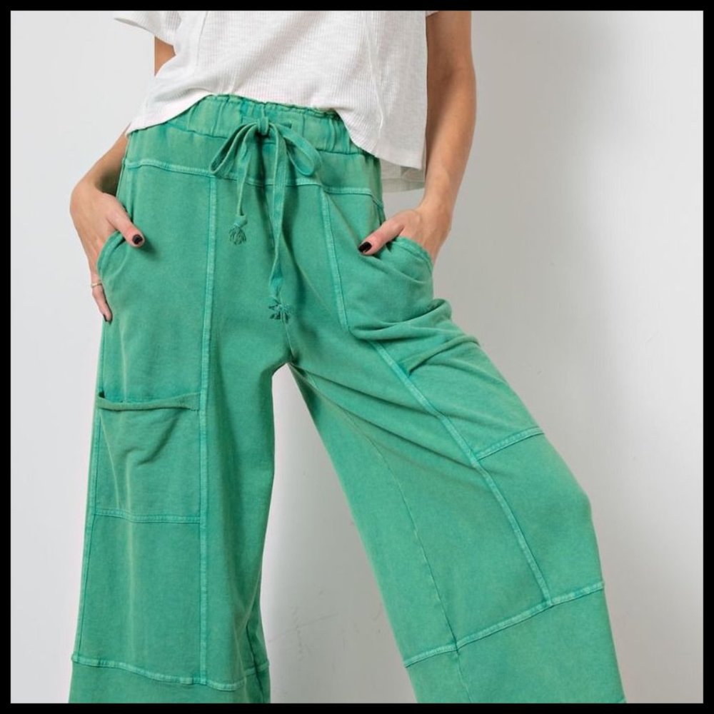 EASEL "Perfect Cargo" Terry Knit Mineral Washed Flared Leg Pants Raw Seams, Hems - Picture 8 of 15